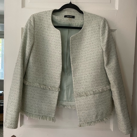 Nine West Mint Green Lightweight Woven Tweed Blazer Jacket Open Front Size 4 - Picture 3 of 8